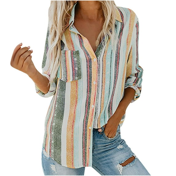 LYXSSBYX Plus Size Womens Tops Summer Womens Fashion V Neck Striped Roll up Sleeve Button Down Blouses Tops with Pocket Loose Shirt