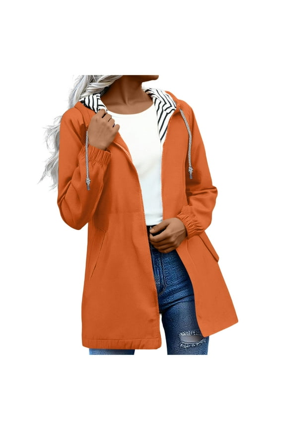 Rain Jackets for Women Waterproof Long Sleeve Lightweight Plus Size Raincoat Zip Up with Pocket Coat Hooded Drawstring Windbreaker