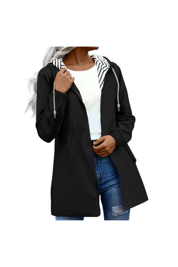 Rain Jackets for Women Waterproof Long Sleeve Lightweight Plus Size Raincoat Zip Up with Pocket Coat Hooded Drawstring Windbreaker