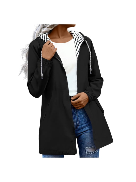 Rain Jackets for Women Waterproof Long Sleeve Lightweight Plus Size Raincoat Zip Up with Pocket Coat Hooded Drawstring Windbreaker