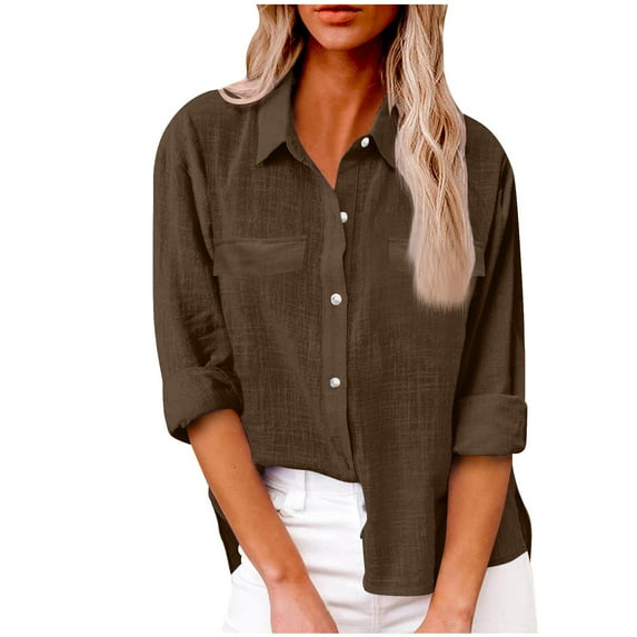 LYXSSBYX Shirts for Women Trendy Summer Women's Tops Fashion Solid Color Fake Pocket Button Shirt Lapel Long Sleeve Lapel Tops/Shirts