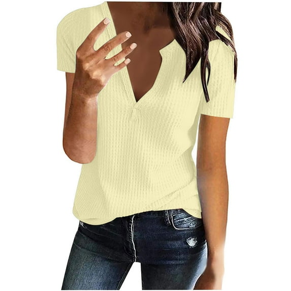 LYXSSBYX Short Sleeve Womens Tops Hot Sale Summer Womens Solid Color Tops V-Neck Short Sleeve Casual Loose T- Blouse