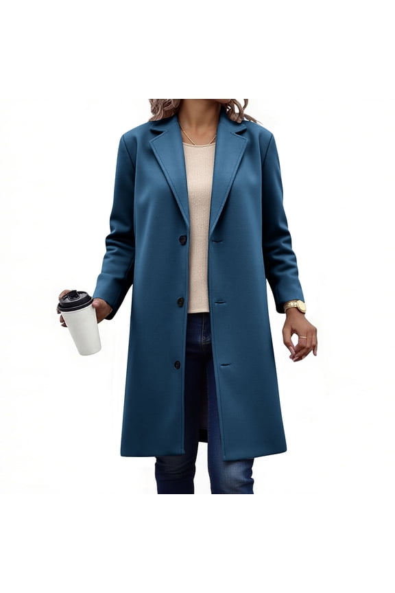 Single Breasted Coat for Women Thicken Wool Stand Collar Pea Coats Inner Lining Pocket Jacket Casual Long Sleeve Mid-Long Overcoat with Pockets