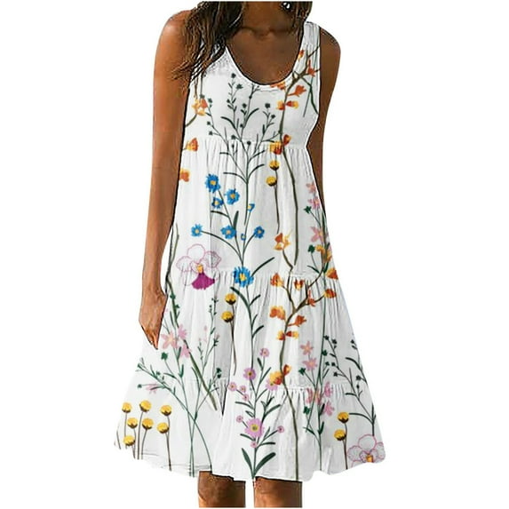 LYXSSBYX Sleeveless Dresses for Women Summer Women's Fashion Holiday Summer Sleeveless Printed Round Neck Party Beach Dress