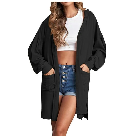 LYXSSBYX Solid Color Coat Long Sleeve Hot Sale Clearance Women Tops Long Pocket Hood Solid Color Lantern Sleeve Long Sleeve Cardigan