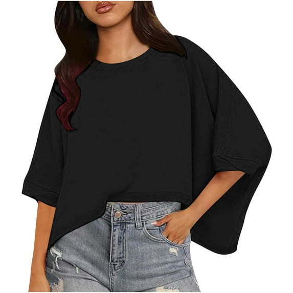 LYXSSBYX Summer Blouses for Women 2024 Short Sleeve Women Solid Crop Tops for Women Short Sleeve Crewneck Tops Oversized BoyFriend T-Shirts Casual Summer Tops