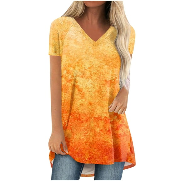 LYXSSBYX Summer Blouses for Women 2024 Short Sleeve Women's Fashion Gradient Printed Blouse V-Neck Short Sleeve Loose T-Shirt Tops
