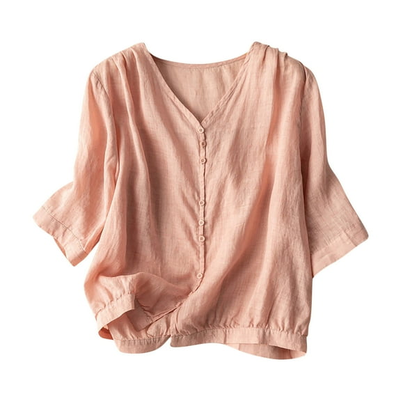 LYXSSBYX Summer Blouses for Women 2024 Short Sleeve Women's Three Quarter Sleeved Cotton Linen Thin Breathable Shirt Top