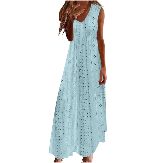 LYXSSBYX Summer Dresses for Women 2024 Sundresses for Women Maxi Dresses for Women Women Casual Holiday Style Hollow Out Long Dress Solid Color Loose Sleeveless V-Neck Camisole Dress