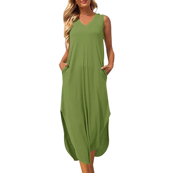 LYXSSBYX Summer Dresses for Women 2024 Sundresses for Women Maxi Dresses for Women Sexy Women's Fashion Sleeveless Solid V-Neck Ladies Pocket Vest Long Dress