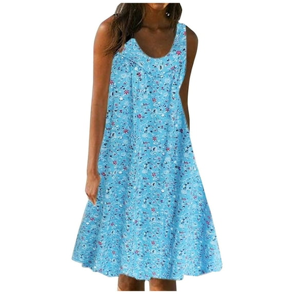 LYXSSBYX Summer Dresses for Women Plus Size Sleeveless Women's Summer Print Dress Short Sleeve Crew-Neck Loose Dress Beach Dress Sun Dress Ruffled Flowy Midi Dress