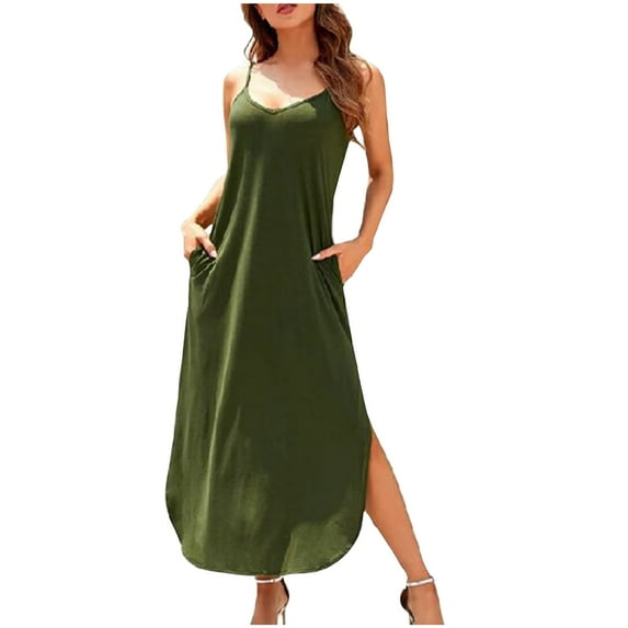 LYXSSBYX Summer Dresses for Women 2024 Women Casual Slim Suit Long Dress Solid Color Loose Sleeveless V-Neck Camisole Dress