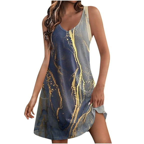 LYXSSBYX Summer Dresses for Women 2024 Women's Casual Sundress With Pockets Summer Boho Beach Dress Floral T-Shirts Dress V Neck Loose Tank Dresses