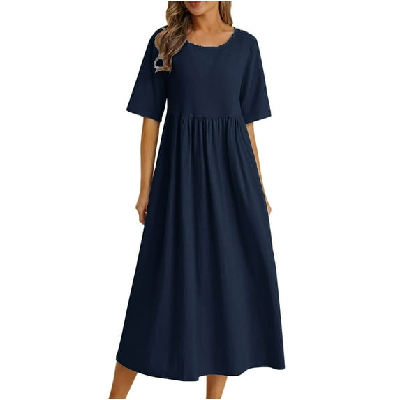 LYXSSBYX Summer Dresses for Women Summer Loose Fitting Dress Fashion Casual Cotton Linen Round Neck 5/4 Sleeve Length Dress
