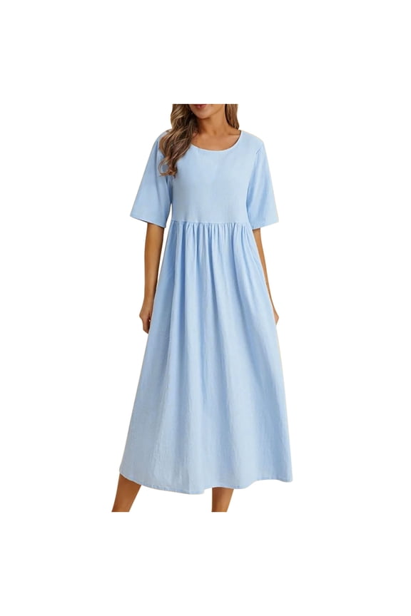 Summer Dresses for Women Summer Loose Fitting Dress Fashion Casual Cotton Linen Round Neck 5/4 Sleeve Length Dress
