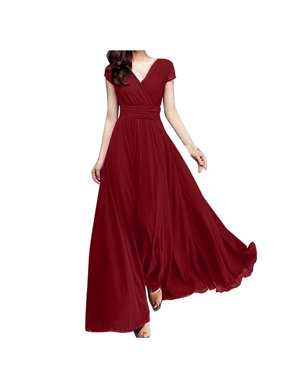 Summer Dresses for Women Women's V-NeckSolid Color Short Sleeve Chiffon Waist Closing Evening Dress