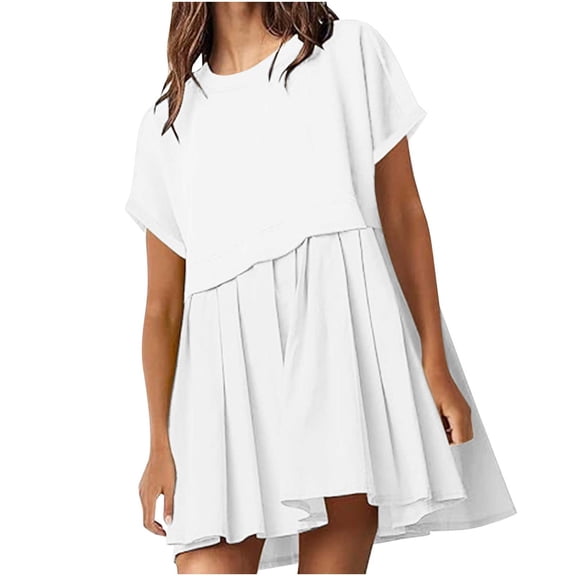 LYXSSBYX Summer Dresses for Women Womens Solid Cute Pleated Dress Patchwork Casual Short Sleeve Tops Loose Oversized Summer Mini Dress