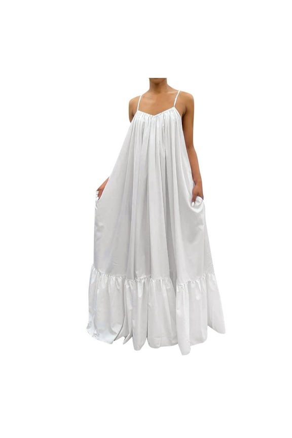 Summer Dresses for Women Plus Size Sleeveless Women Fashion Casual Solid Strap Dress Pocket Loose Backless Big Swing Dress