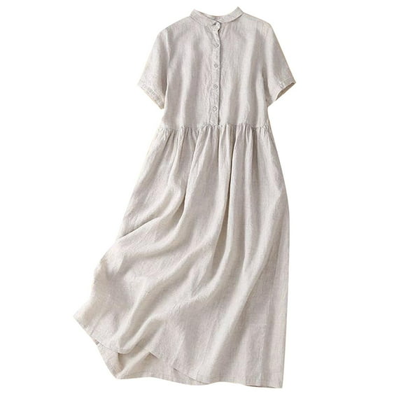 LYXSSBYX Summer Dresses for Women Summer Women's Cotton Linen Solid Loose Short Sleeve Lapel Neck Button Dress