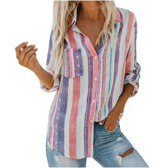 LYXSSBYX Summer Shirts for Women Women's Single Breasted Cardigan Color Striped Long Sleeve Shirt Tops