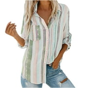 LYXSSBYX Summer Shirts for Women Clearance Womens Fashion V Neck Striped Roll Up Sleeve Button Down Blouses Tops with Pocket Loose Shirt