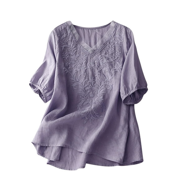 LYXSSBYX Summer Tops for Women 2024 Short Sleeve Women's Embroidered Cotton and Linen Top Literary Sense Small Shirt Short Sleeve V-Neck Top/Shirt