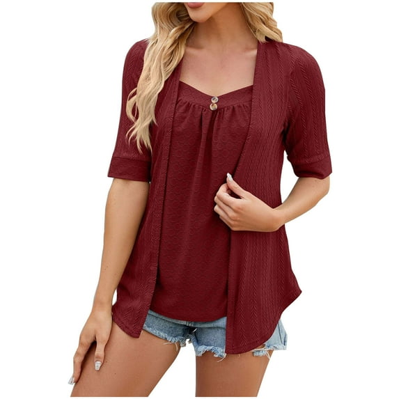 LYXSSBYX Summer Tops for Women 2024 Short Sleeve Women's Summer Solid Lace V-Neck Bubble Short Sleeve Solid T-Shirt Top