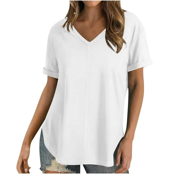 LYXSSBYX Summer Tops for Women 2024 Solid Short Sleeve Tops For Women V Neck Summer Tshirts Seamed Rolled Sleeve Shirts Casual Tops