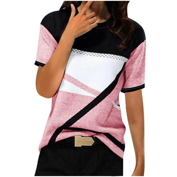 LYXSSBYX Summer Tops for Women 2024 Women's Casual Geometry Printed T-shirt Short Sleeve Blouse Round Neck Casual Tops