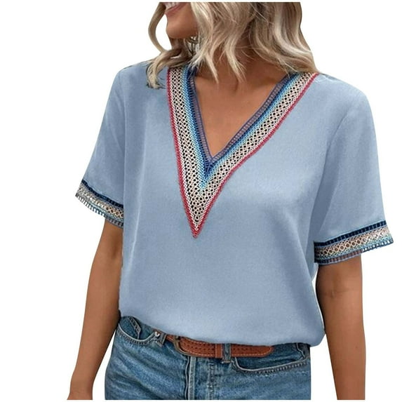 LYXSSBYX Summer Tops for Women 2024 Women's Casual Solid Color Short-Sleeved V-Neck Top