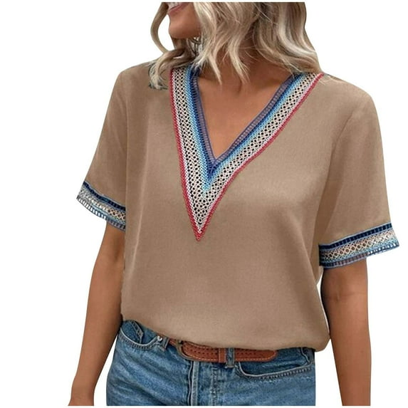 LYXSSBYX Summer Tops for Women 2024 Women's Casual Solid Color Short-Sleeved V-Neck Top