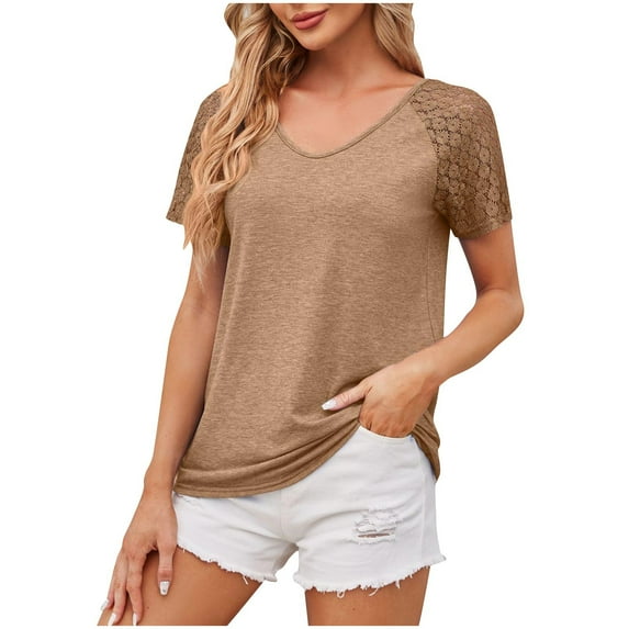 LYXSSBYX Summer Tops for Women 2024 Women's Patchwork Mesh Short Sleeved Top Solid Color Casual Loose T-shirt
