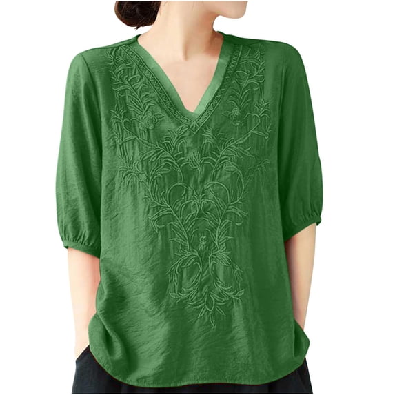 LYXSSBYX Summer Tops for Women 2024 Women's Summer Fashion Cropped Sleeves Round Neck Cotton Line Loose Shirt Blouse