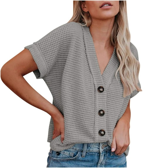 LYXSSBYX Summer Tops for Women 2024 Womens Summer Tops Knit Button Shirts Casual V Neck Short Sleeve Blouses