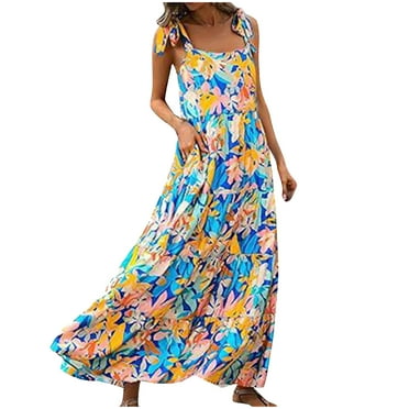 LYXSSBYX Sundresses for Women Women's Sleeveless Printed Pocket Layered Dress With Thin Shoulder Straps