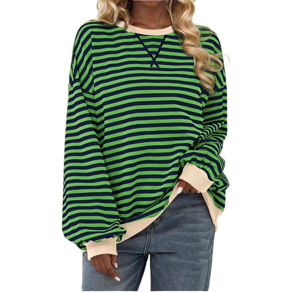 LYXSSBYX Sweatshirts for Women Loose Fit Women's Fashionable Loose Casual Striped Color Blocking Long Sleeved Round Neck Top/shirt