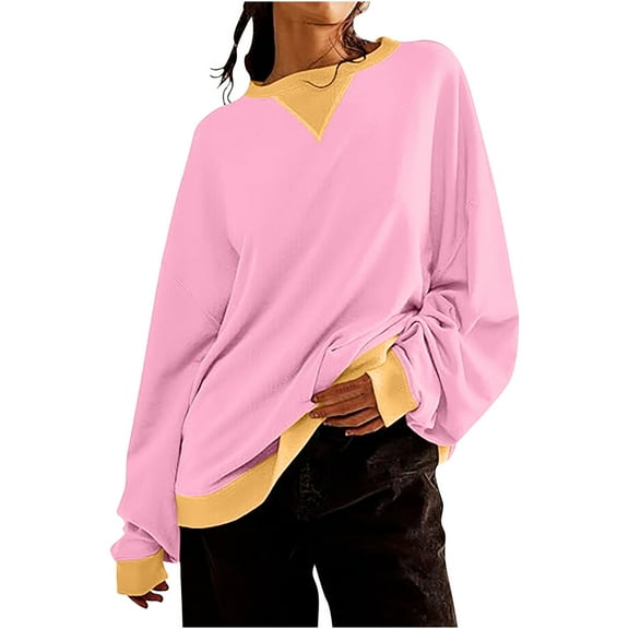 LYXSSBYX Sweatshirts for Women Loose Fit Women's Fashionable Loose Fitting Casual Color Blocking Round Neck Long Sleeved Top