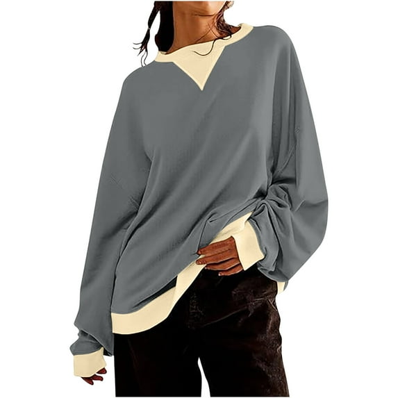 LYXSSBYX Sweatshirts for Women Loose Fit Women's Fashionable Loose Fitting Casual Color Blocking Round Neck Long Sleeved Top