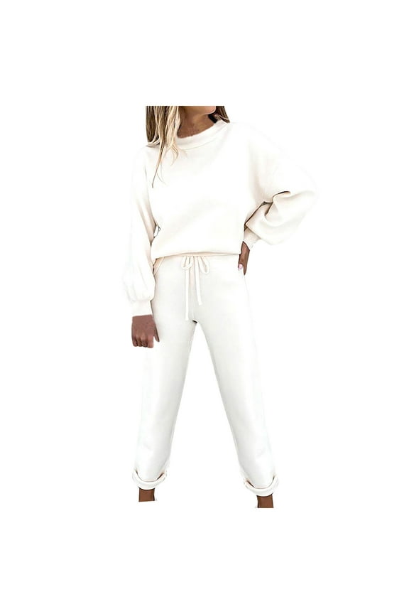 Sweatsuits 2pcs Sets Womens 2PC Fashion Woman Round Neck Solid Long Sleeve Blouse +Loose Pants Sets