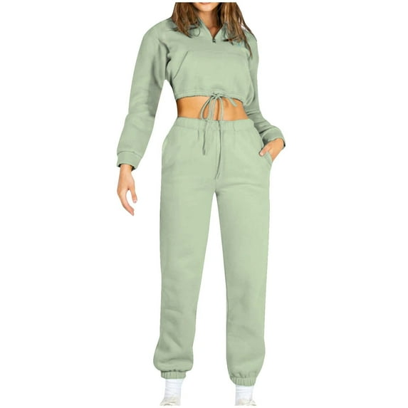 LYXSSBYX Sweatsuits 2pcs Sets Womens Fall Fashion Women Long Sleeve Zipper Stand Collar Blouses Shirts Elastic Waist Pocket Pants