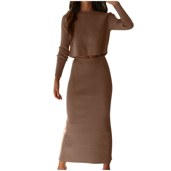 LYXSSBYX Sweatsuits 2pcs Sets Womens Fashion Women Solid Casual Round Neck Knit Sweater Long Sleeve + Skirt Suit Set
