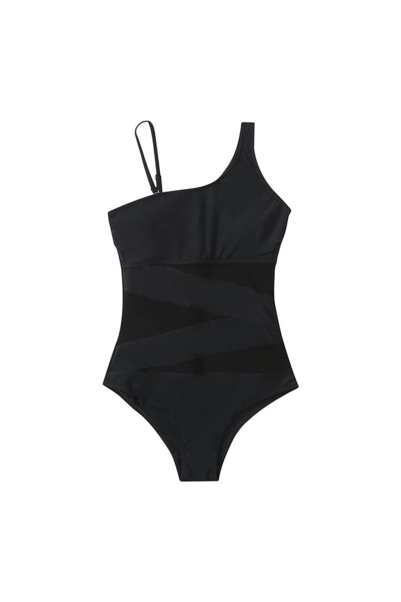Swimsuits for Women One Piece Women Sexy with Chest Pad without Underwire Patchwork Strap Shoulder Splicing Yarn Mesh Bikini One-Piece Swimsuit