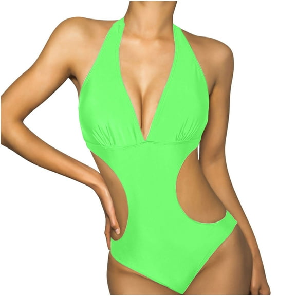LYXSSBYX Swimsuits for Women One Piece Fashion Casual Women's Deep V One-Pice Bandage Solid Color Halter Neck Sexy Swimsuit