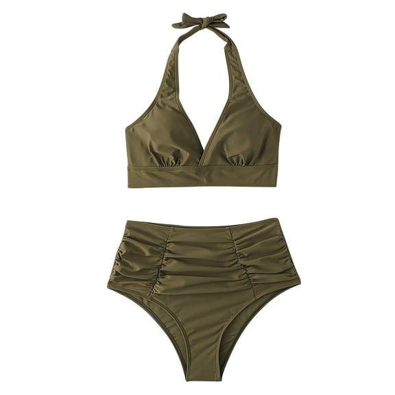 LYXSSBYX Swimsuits for Women One Piece Women Sexy with Chest Pad without Underwire Solid Ruched Halterneck Bikini Split Swimsuit