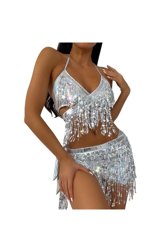 Swimsuits for Women One Piece Women's Bikini Split Swimwear Tassel Sequin Swimwear Three-Piece Swimwear