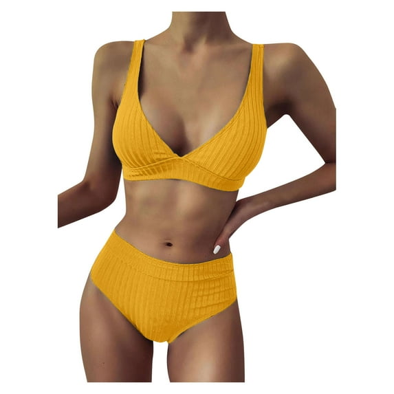 LYXSSBYX Swimsuits for Women Two Piece Women Striped Push Up High Cut Hight Waist Halter Bikini Set Two Piece Swimsuit
