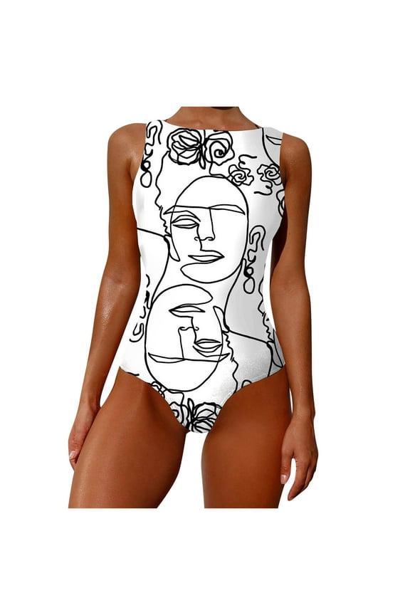 Swimsuits for Women Two Piece Womens Fashion Women Graffiti Abstract Print Sexy High Neck Backless Siamese Swimwear