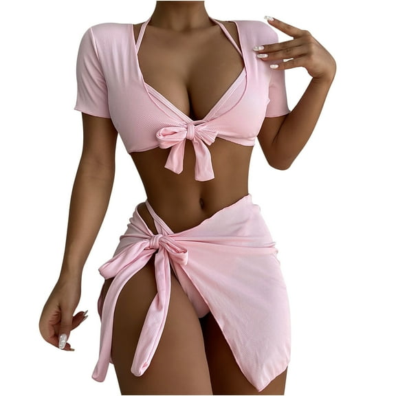 LYXSSBYX Swimsuits for Women Two Piece Womens Four-piece Suit Women Bandage Solid Sexy Bikini Push-Up Padded Swimwear Swimsuit Beachwear Set