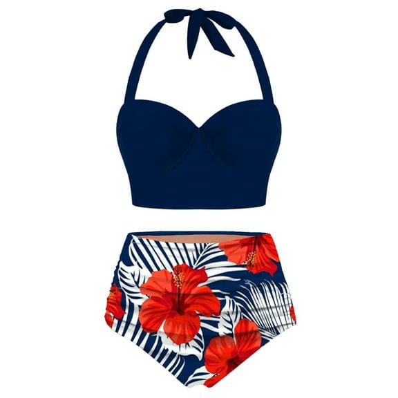 LYXSSBYX Swimsuits for Women Two Piece Womens Women Floral Print High Waist Crop Tops+Shorts Two Piece Swimwear Halter Tankini