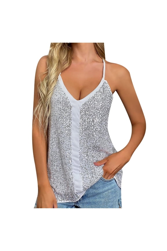 Tank Tops for Women Women's Shimmer Sequin Embellished Sexy Deep V-Neck Strap Cami Tanks Vest